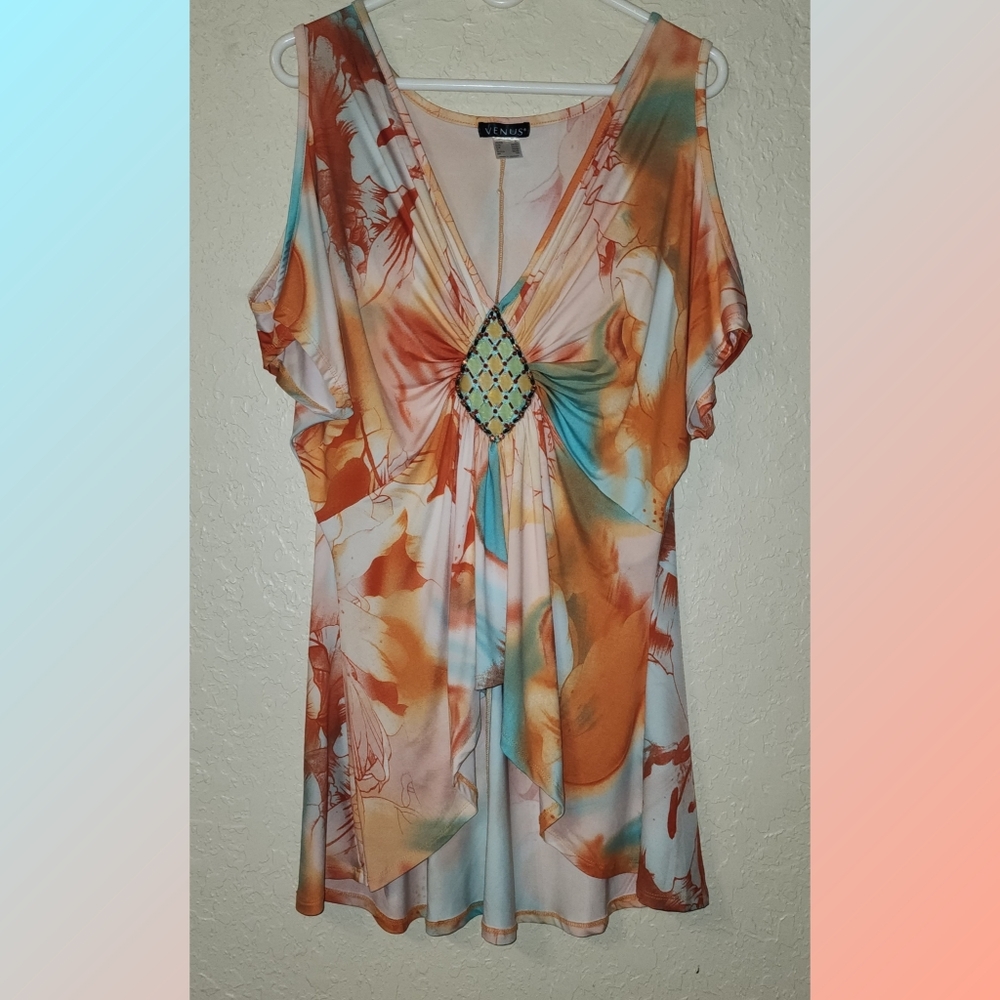 New Venus Women's Cold Shoulder Top Multi-Colored Size XL